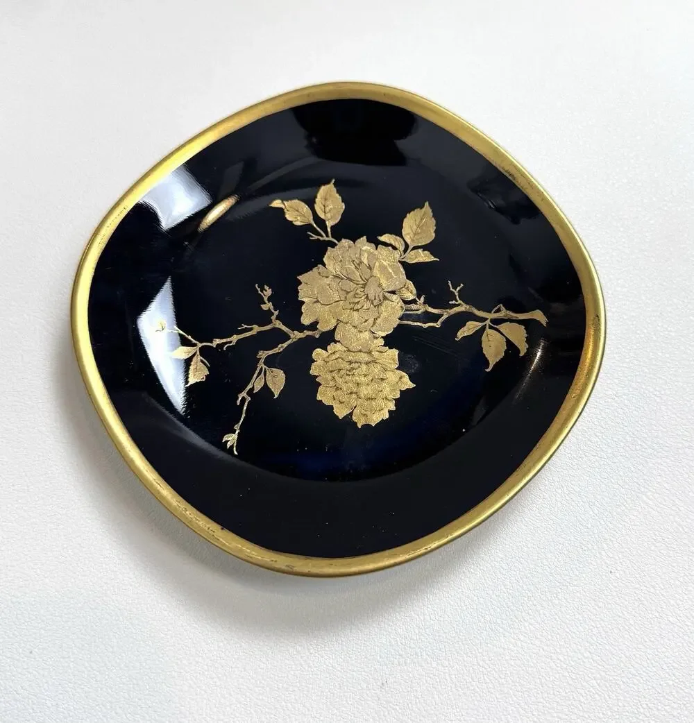 Vintage Alboth Kaiser Black Gold Rose Vanity Trinket Dish Constanze Floral 4”